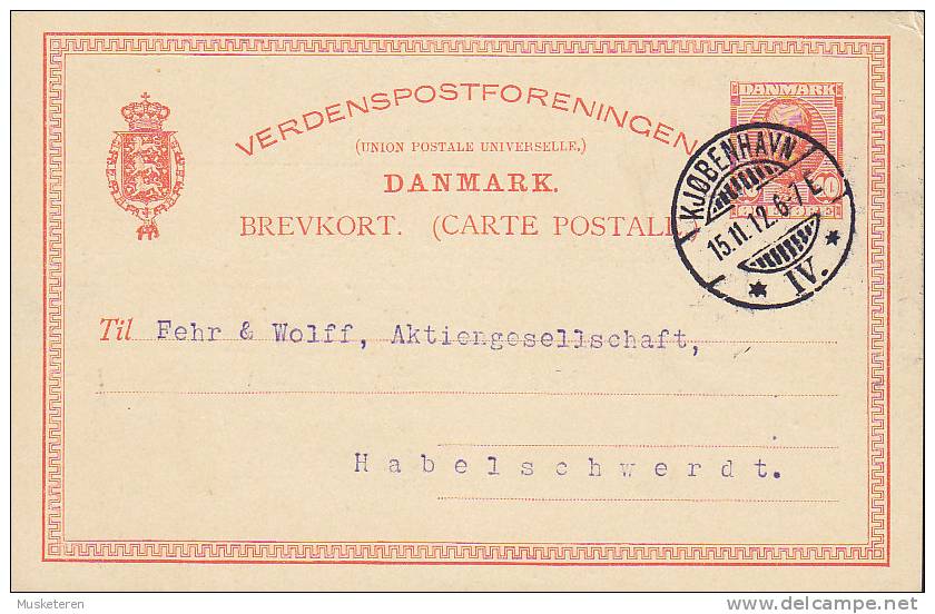 Denmark Postal Stationery Ganzsache Entier Brevkort KØBENHAVN IV. 1912 To HABELSCHWERDT Schlesien Ostpreussen (2 Scans) - Entiers Postaux