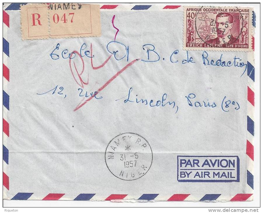 NIGER-  1957  -  LETTRE DE NIAMEY , EN RECOMMANDE , A DESTINATION DE PARIS - - Covers & Documents