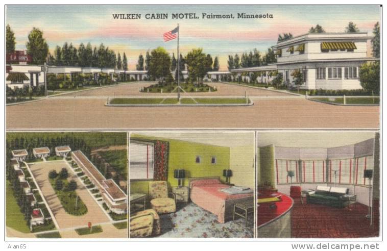 Fairmont MN Minnesota, Wilken Cabin Motel Lodging, Great Interior Views Decor, C1940s Vintage Linen Postcard - Other & Unclassified
