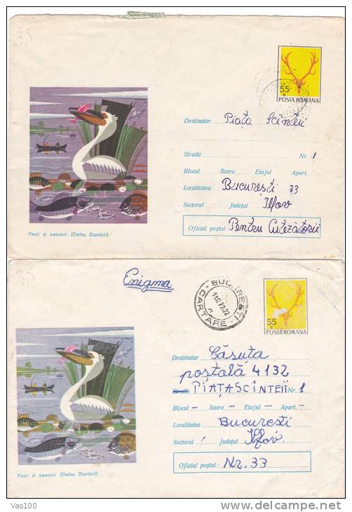 PELICAN,VERY RARE COVER STATIONARY,2XCOVER STATIONARY,ENTIER POSTAUX,1972,ROMANIA - Pelicans