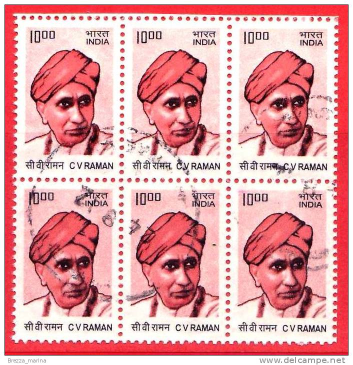 INDIA - USATO - 2009 - CV RAMAN - 10.00 (x 6) - Block - Oblitérés