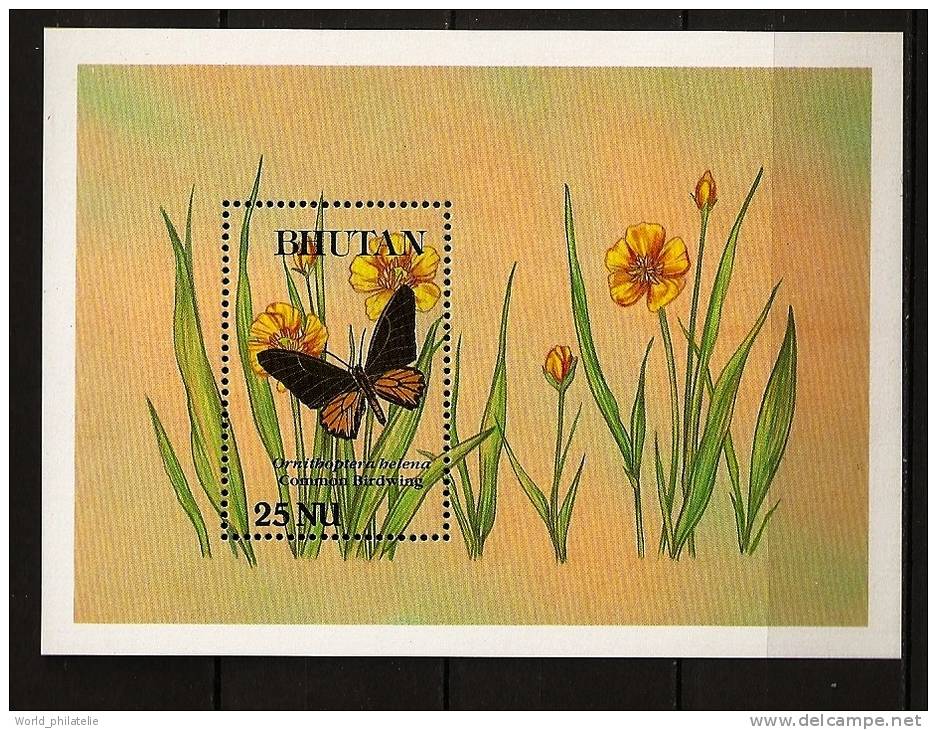 Bhoutan Bhutan 1991 N° BF 314 ** Animaux, Papillons, Ornithoptera Helena, Fleurs - Bhoutan