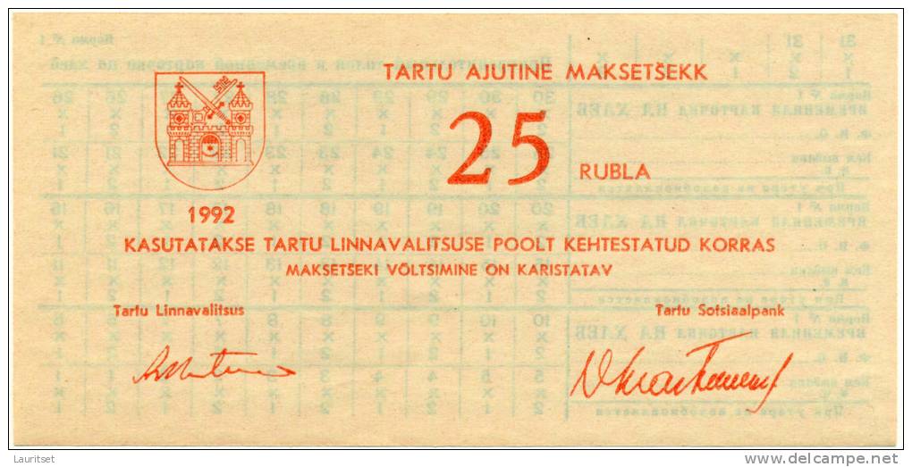 ESTLAND Estonia Estonie Provisional Money Provisorische Bezahlungsschecks Tartu Dorpat 1992 - Estonie