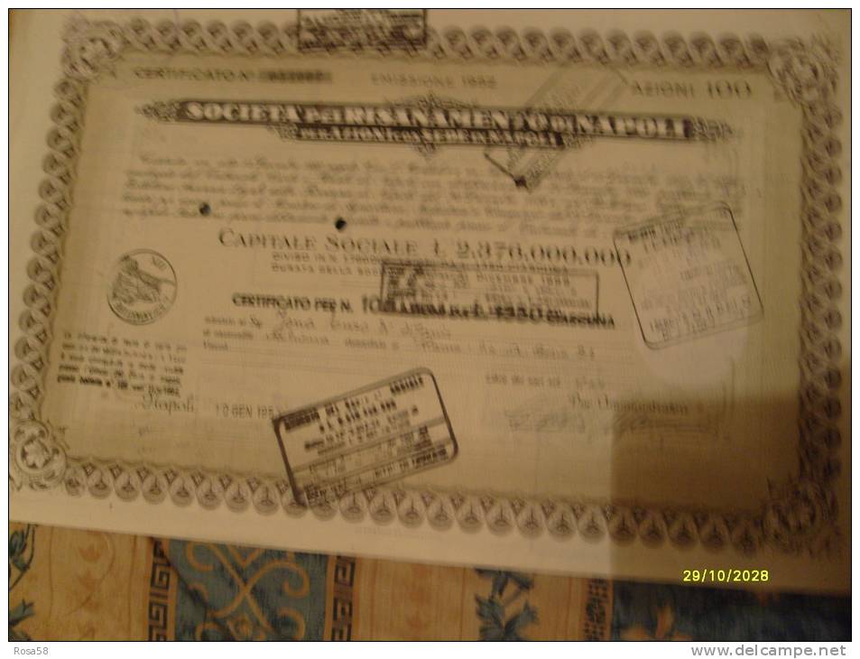 1953 Società PeL RISANAMENTO Di NAPOLI Sede Di Napoli Certificato N.100 Azioni - S - V