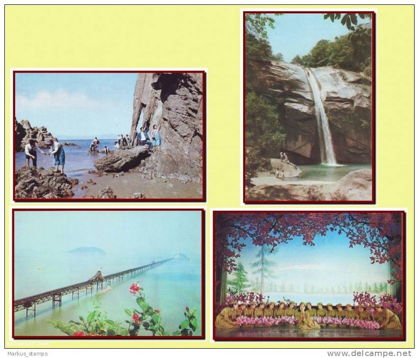 DPR North Korea - 4 Propaganda Postcards, Waterfall, Bridges, Tourism, Folk Balet - Korea (Nord)