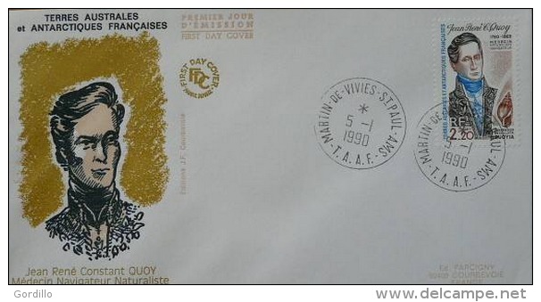 FDC TAAF  N° 151 Quoy Médecin Naturaliste 01 01 1990. Marin De Viviès. - FDC