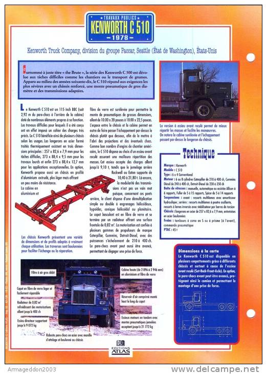 FICHE CARTONNE 25x18.5 CM CAMION DOC.AU DOS VOIR SCAN SERIE TRAVAUX PUBLICS 1978 Kenworth C 510 - Camiones