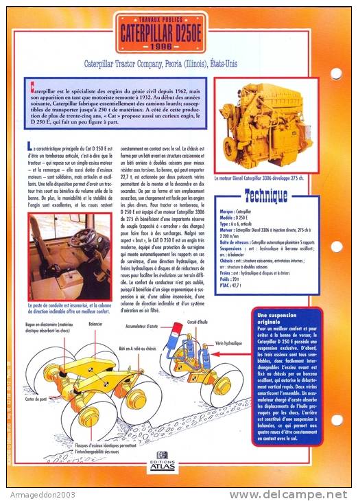 FICHE CARTONNE 25x18.5 CM CAMION DOC.AU DOS VOIR SCAN SERIE TRAVAUX PUBLICS 1988 Castepillar D250E - Camiones