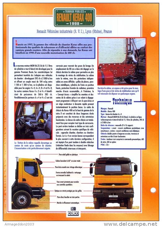 FICHE CARTONNE 25x18.5 CM CAMION DOC.AU DOS VOIR SCAN SERIE TRAVAUX PUBLICS  1998 RENAULT KERAX 400 - Camiones