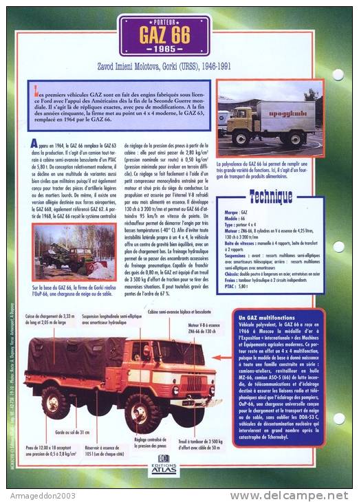 FICHE CARTONNE 25x18.5 CM CAMION DOC.AU DOS VOIR SCAN SERIE PORTEUR 1965 GAZ 66 - Camions