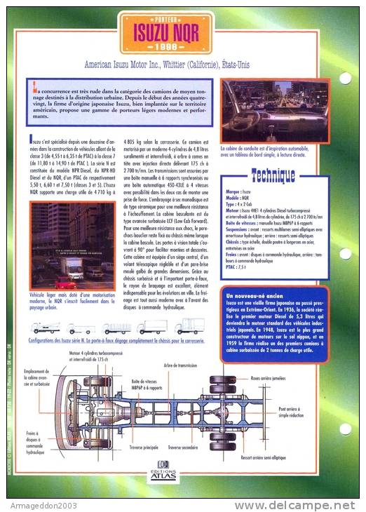 FICHE CARTONNE 25x18.5 CM CAMION DOC.AU DOS VOIR SCAN SERIE PORTEUR ISUZU NQR - Camions