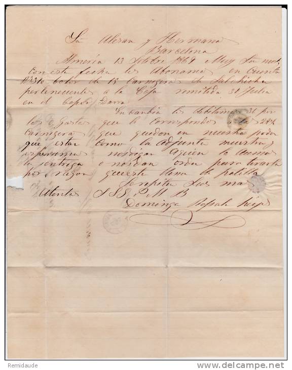 ESPAGNE - 1869 - LETTRE De ALMERIA Pour BARCELONA - Briefe U. Dokumente
