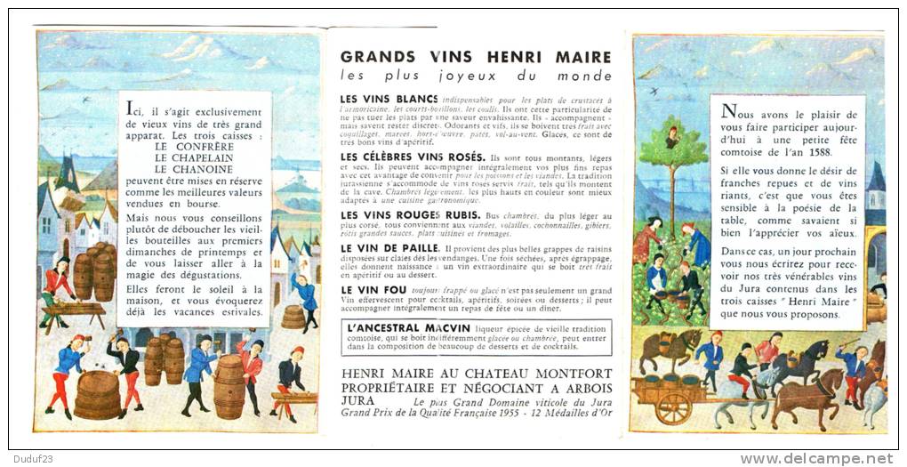 VINS HENRI MAIRE - ARBOIS - JURA - DEPLIANT MENU DE FETES AU MOYEN AGE -TARIF -  VIN FOU - VIN DE PAILLE - Alcohols