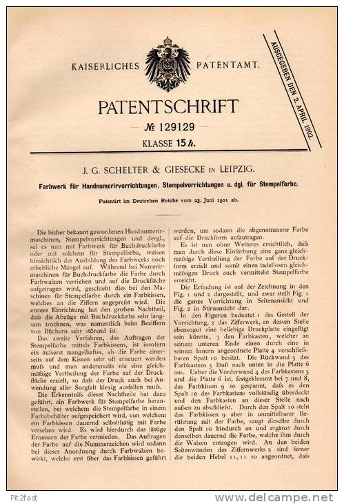 Original Patentschrift - Schelter & Giesecke In Leipzig , 1901 , Stempel - Farbwerk Für Stempelfarbe  !!! - Seals