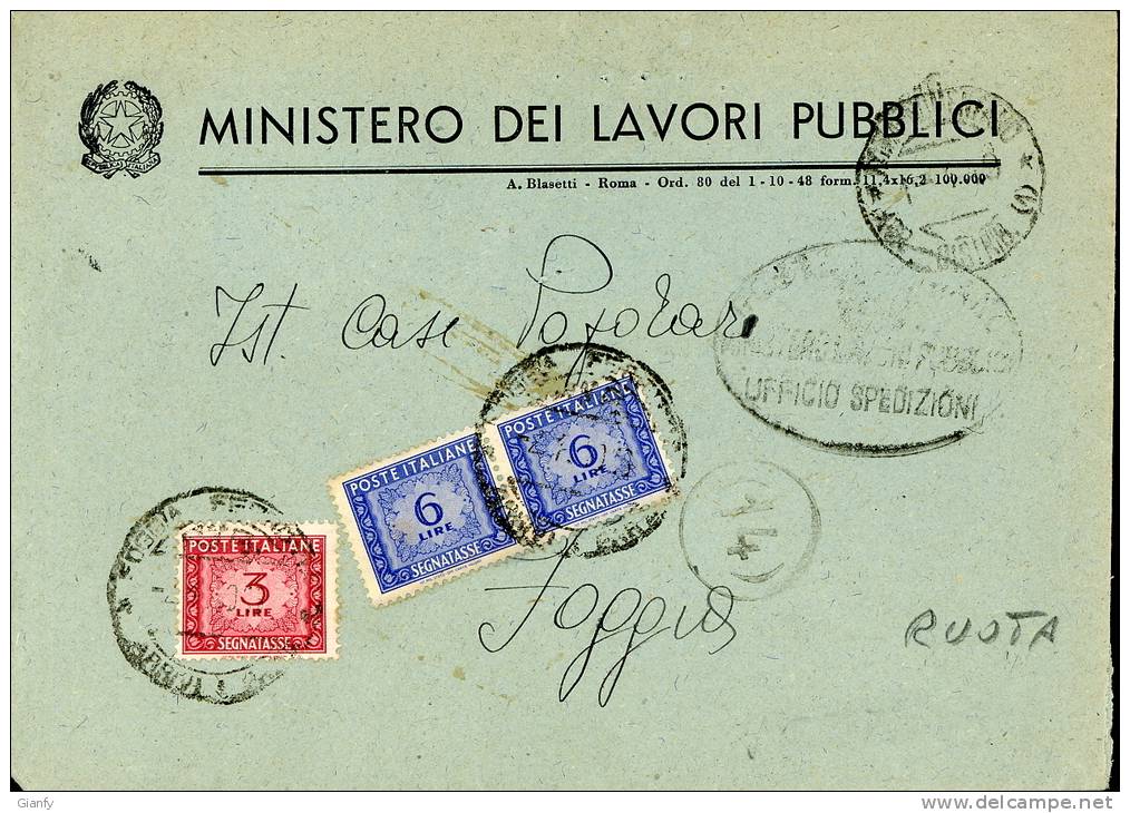 STORIA POSTALE SEGNATASSE RUOTA I 3 + 2 X 6 LIRE 1949 ROMA X FOGGIA - Postage Due