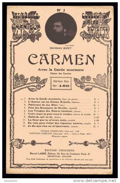 PARTITION - OPERA - CARMEN - BIZET - AVEC LA GARDE MONTANTE - N°1 - Opern