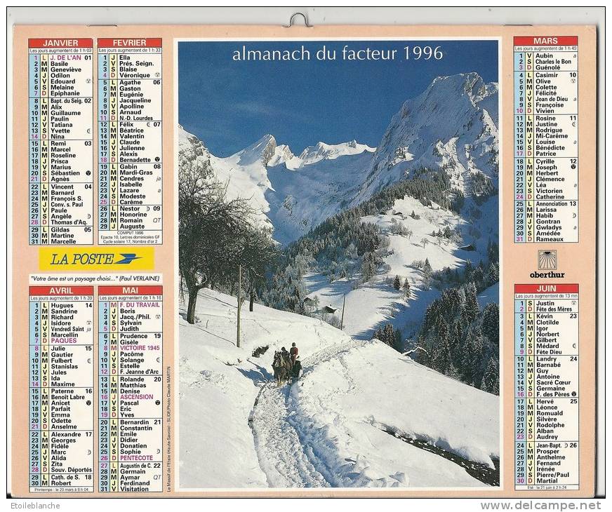 Calendrier La Poste 1996 / Photos Alpes, Haute Savoie 74 (cheval, Attelage, Neige) - Suisse Grindelwald - Groot Formaat: 1981-90