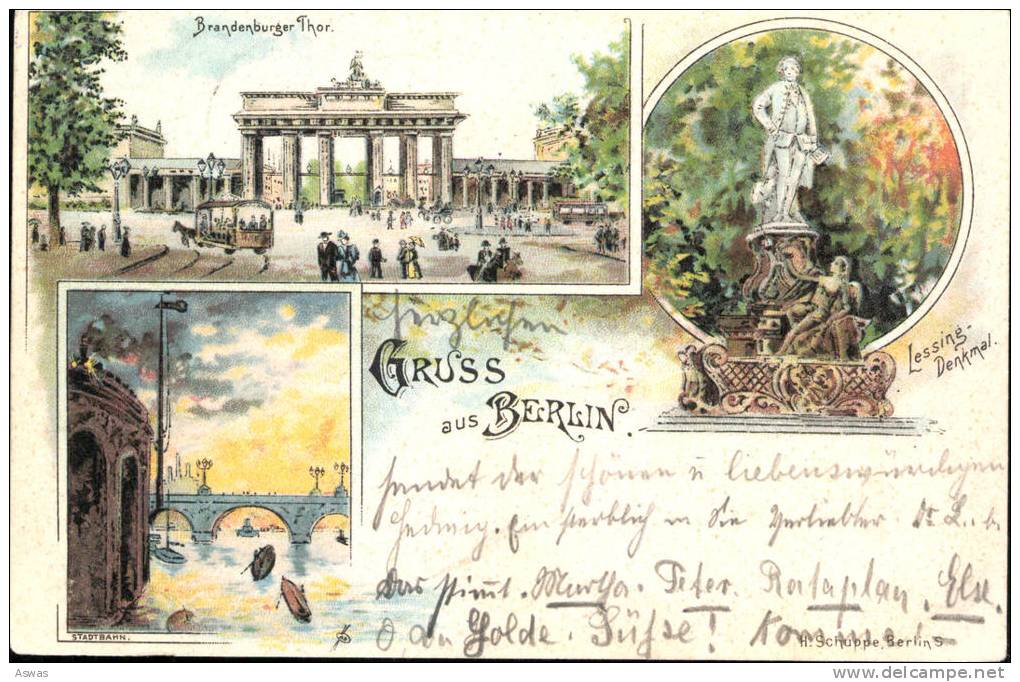 EARLY 1897 CHROMO VIGNETTE: GRUSS AUS BERLIN ~ BRANDENBURGER THOR, LESSING DENKMAL, STADTBAHN ~ GERMANY - Brandenburger Deur