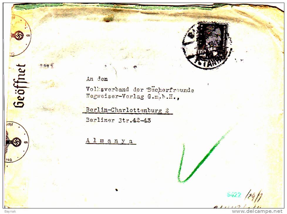 LETTRE  --  DEUTSCHE ORIENTBANK, ISTANBUL, TO ALMANYA  -  WEHRMACHT CENSUR  -  OKW ( OBERKOMMANDO WEHRMACHT ) - Lettres & Documents