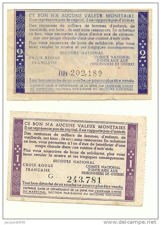 Billets) 2 Bons De Solidarite - SUP - Gouvernement De Vichy - 1 Et 2 Frs Petain - Petite Coupe Au Bas Du 2 Frs - Autres & Non Classés