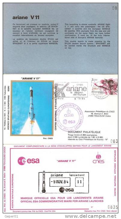 ARIANE V11 Jeu De 3 Enveloppe AP CNES + Cachet Officiel Esa + Pochette Bleue - Europe