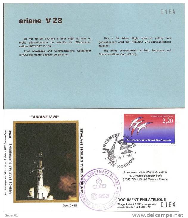 ARIANE V28  Jeu De 2 Enveloppes AP CNES + Pochette Bleue - Europe