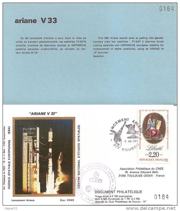 ARIANE V33  Jeu De 3 Enveloppes AP CNES + Pochette Bleue - Europe