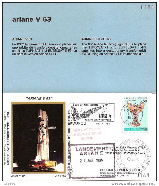 ARIANE V63  Jeu De 3 Enveloppes AP CNES + Pochette Bleue - Europe