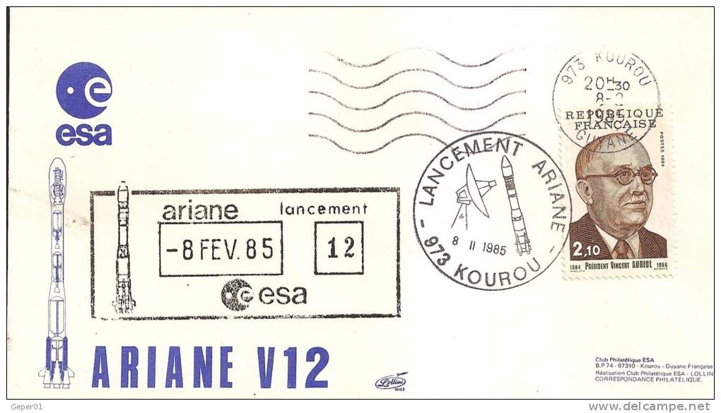 ARIANEV12 Enveloppe Illustrée + Cachet Officiel Oblitération KOUROU Du 8/2/1985 - Europe