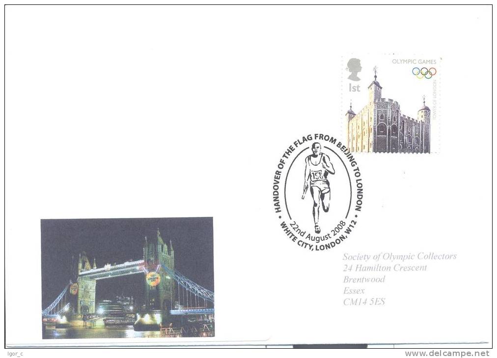 UK Olympic Games2012 London Letter; Handover Of The Flag From Beijing To London, Tower Of London Stamp Tower Bridge Labe - Sommer 2012: London