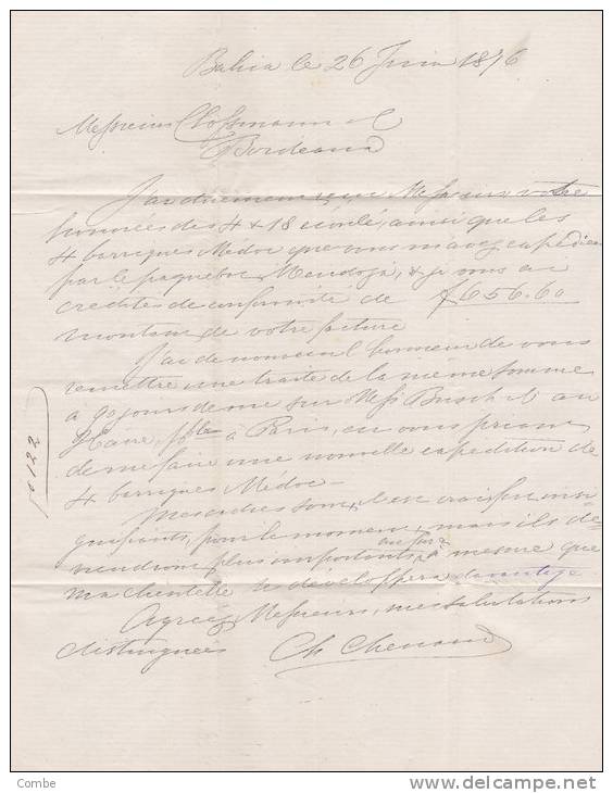 1876, PD, Lettre BAHIA Pour BORDEAUX, C. CHENAUD BAHIA, Entrée BRESIL 1 BORDEAUX, Taxe/1772. - Prephilately
