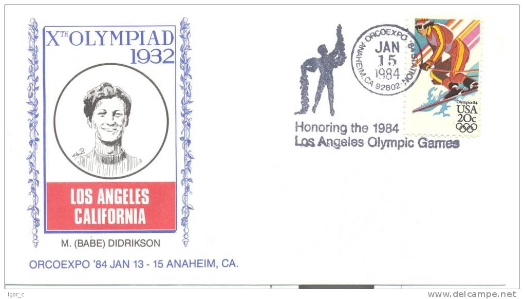 USA Olympic Games 1984; 1932 Olympic Champion M. Babe Didrikson Cachet (track And Field); - Zomer 1932: Los Angeles