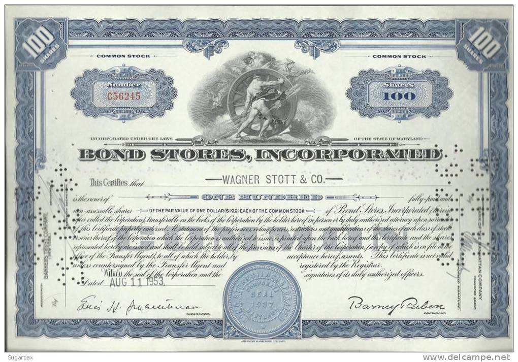 BOND STORES, INCORPORATED - 100 SHARES - 11.08.1953 - 2 SCANS - A - C