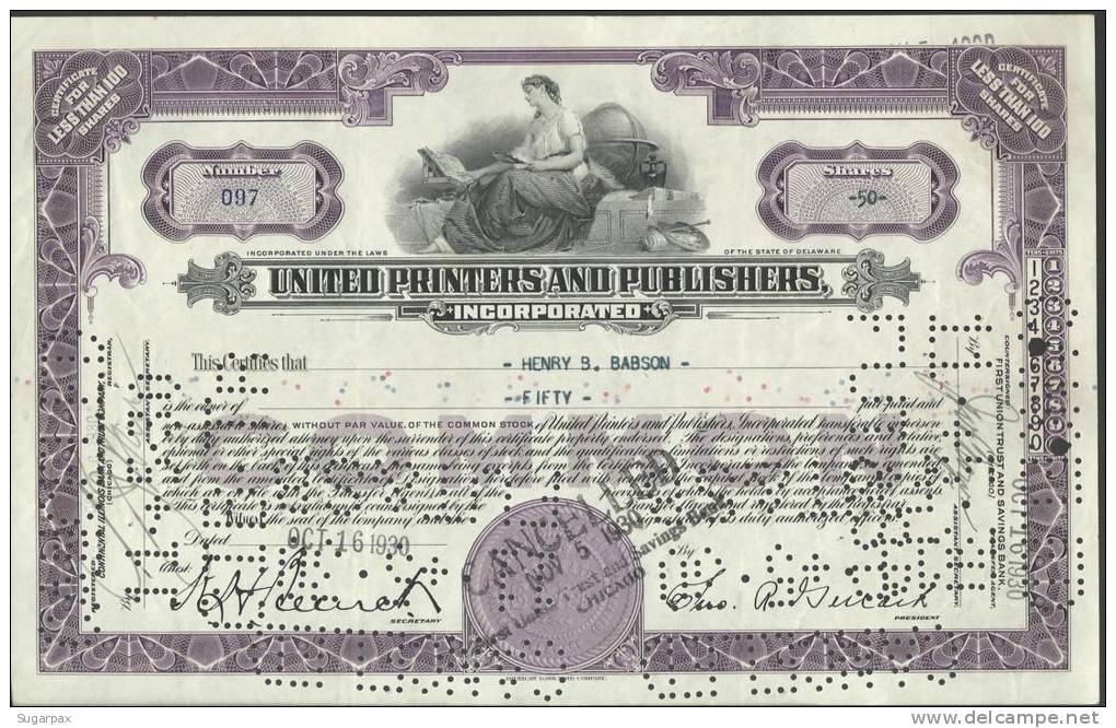 UNITED PRINTERS AND PUBLISHERS - 50 SHARES - 16.10.1930 - 2 SCANS - S - V