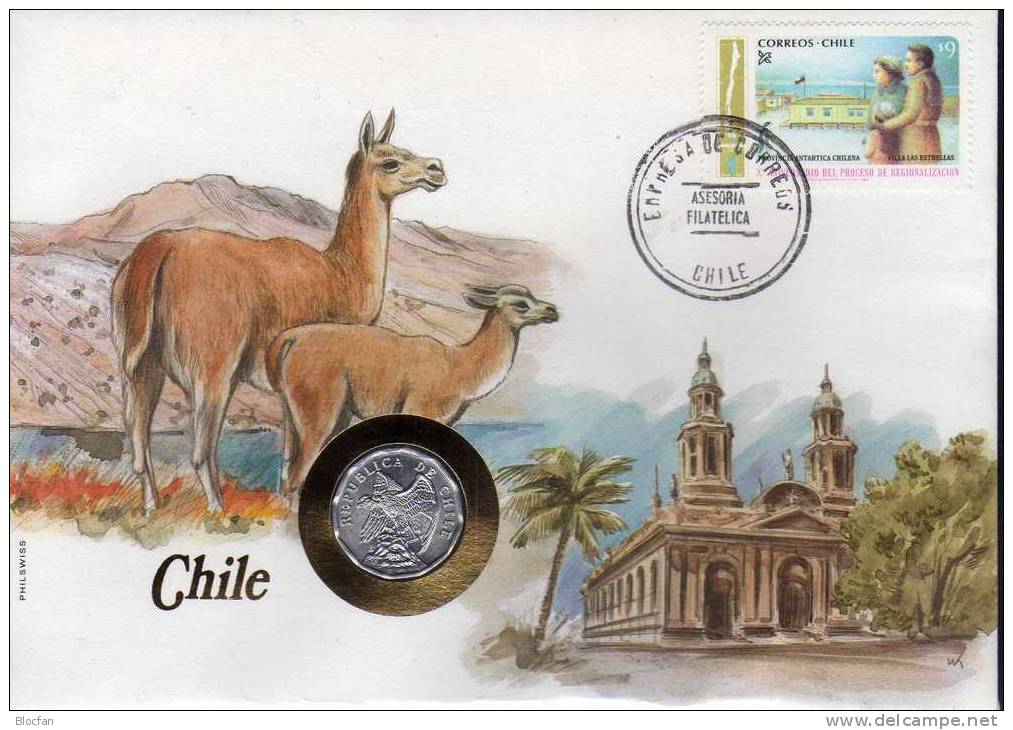 Numisbrief 1987 Numisletter Chile #205a 10C Adler Plus Stamp 9$ O 16€ Antarktis Flagge Marine Flag Coin Cover Of America - Volcanes