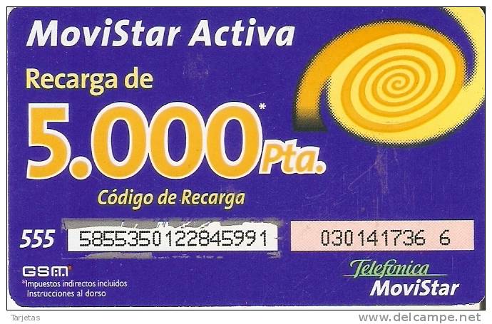 GSMAR-009 TARJETA RECARGA MOVISTAR ACTIVA 5000 PTAS (14 DIGITOS PONE DETRÁS Y SON 16 DIGITOS DELANTE) (RARA) - Telefonica