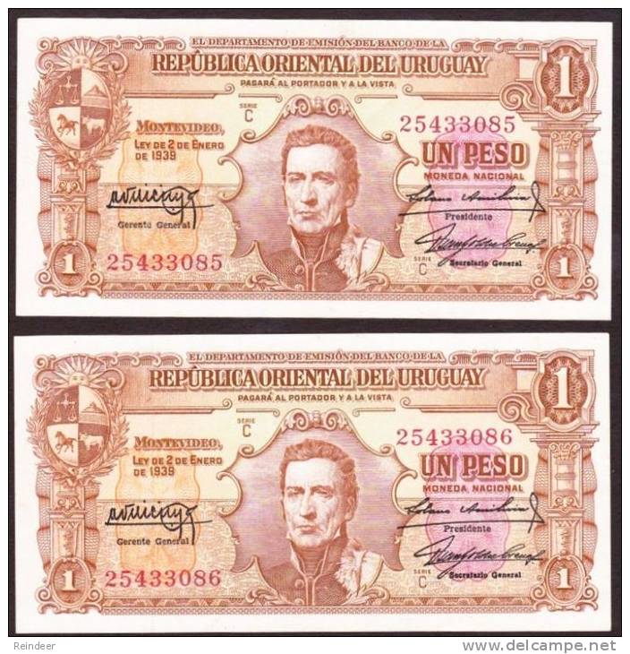 * URUGUAY - 1 Peso (1939) UNC - 2 Billetes Correlativos - Uruguay