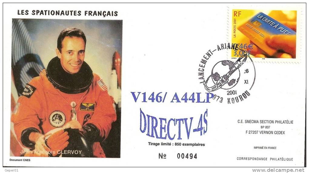 ARIANE V146 Enveloppe Illustrée Oblitération KOUROU Du 9/11/2001 - Europe