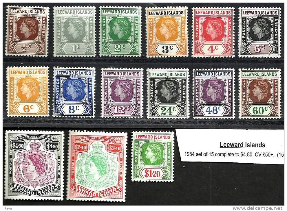 BRITISH LEEWARD ISLANDS DEFINITIVE QEII HEAD SET OF15 1/2 C- $4.80 FRESH MLH 1954 SG? CV 55 POUNDS READ DESCRIPTION !! - Antille