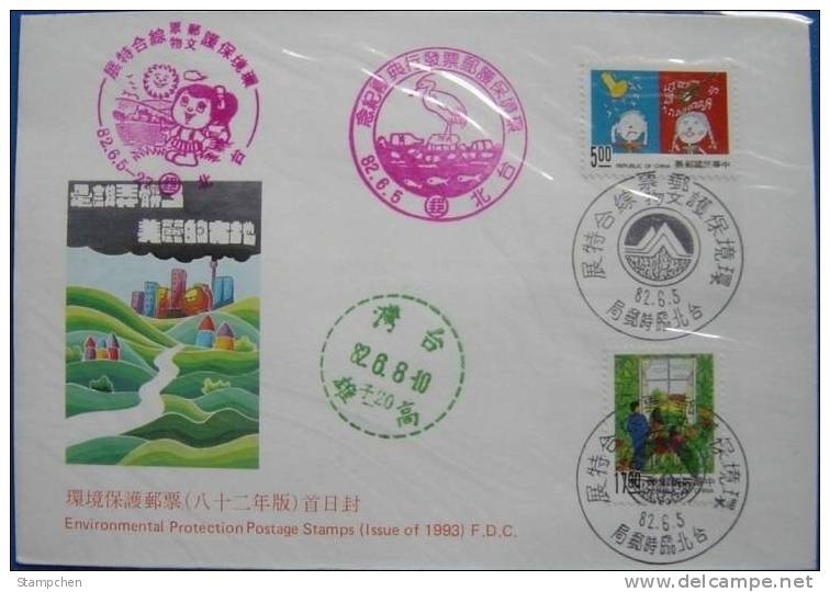 FDC 1993 Environmental Protection Stamps Violin Trumpet Music Kid Drawing Flower Family - Milieuvervuiling