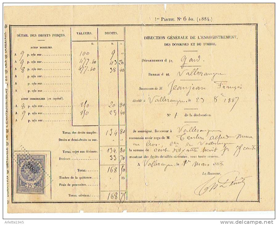 ENREGISTREMENT DES DOMAINES ET DU TIMBRE Ville De VILLARAUGUE ( GARD) 1887 - Covers & Documents