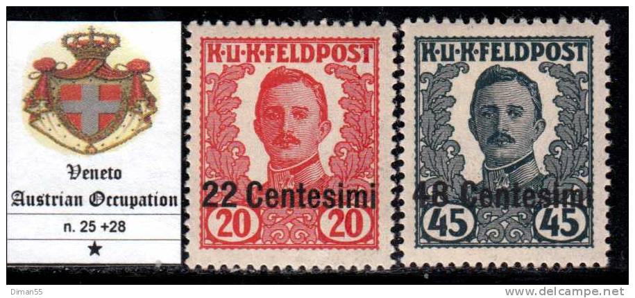 ITALIA - VENETO OCC. AUSTRIACA - N. 25+28 NON EMESSI - Linguellati - MH* - ORIGINALGUMMI M/Falz - Austrian Occupation