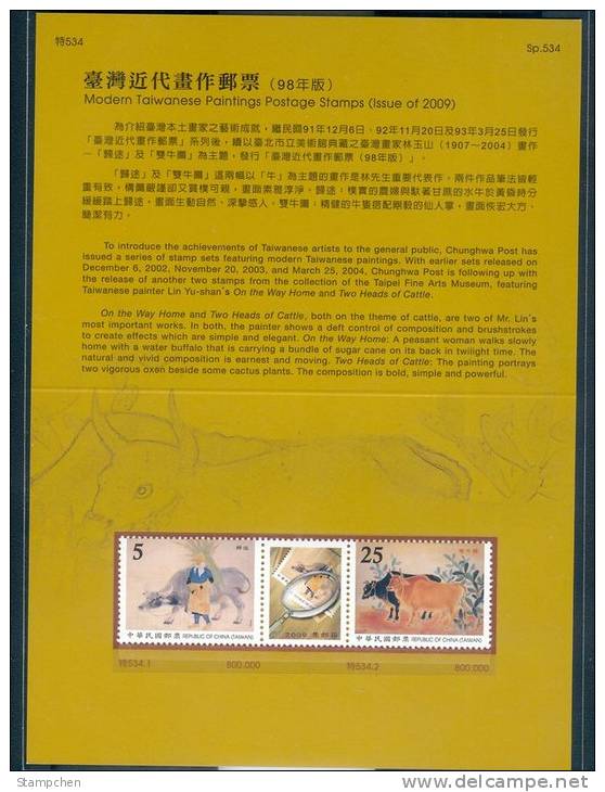 Folder 2009 Taiwanese Paintings Stamps Cattle Ox Cow Painting Buffalo Sugar Cane Magnifier Philately Day - Vaches