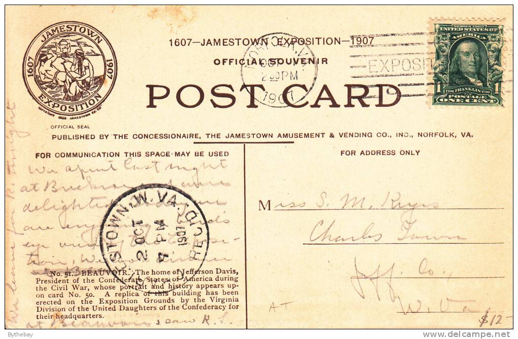 Beauvoir Home Of Jefferson Davies - Official Souvenir James Exposition 1907 Posted Norfolk, VA Oct 1 1907 - Andere & Zonder Classificatie