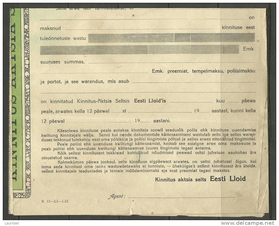 Estland Estonia 1923  Versicherungsdokument Insurance Document Estonian LLOYD - Banque & Assurance