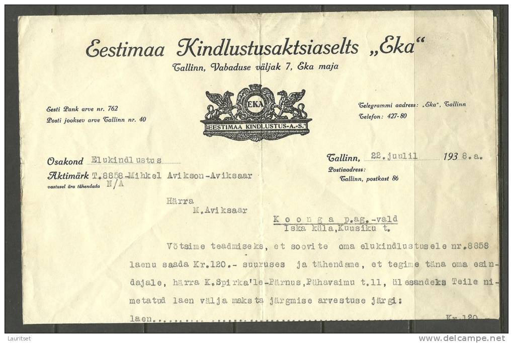 Estland Estonia Estonie Versicherungsdokument Insurance Document 1938 - Bank & Versicherung