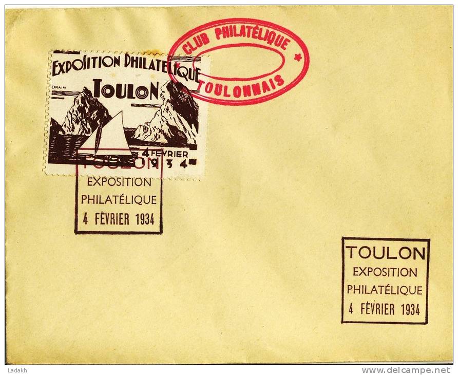 VIGNETTE TOULON SUR ENVELOPPE # FEVRIER 1934 # EXPOSITION PHILATELIQUE - Briefmarkenmessen