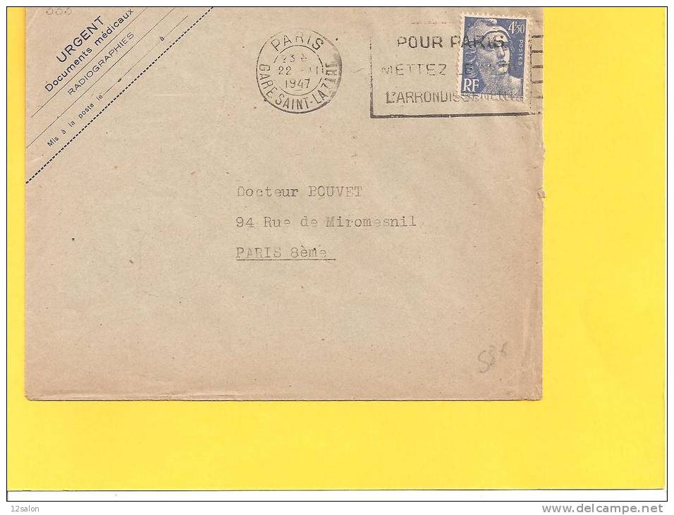 Lettre Marianne De Gandon Avec N° 718 A Oblitere PARIS - 1945-54 Marianne De Gandon