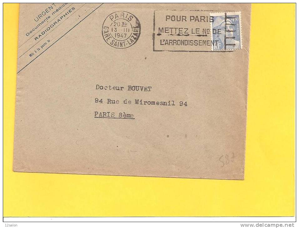 Lettre Marianne De Gandon Avec N° 718 A Oblitere PARIS - 1945-54 Marianne De Gandon