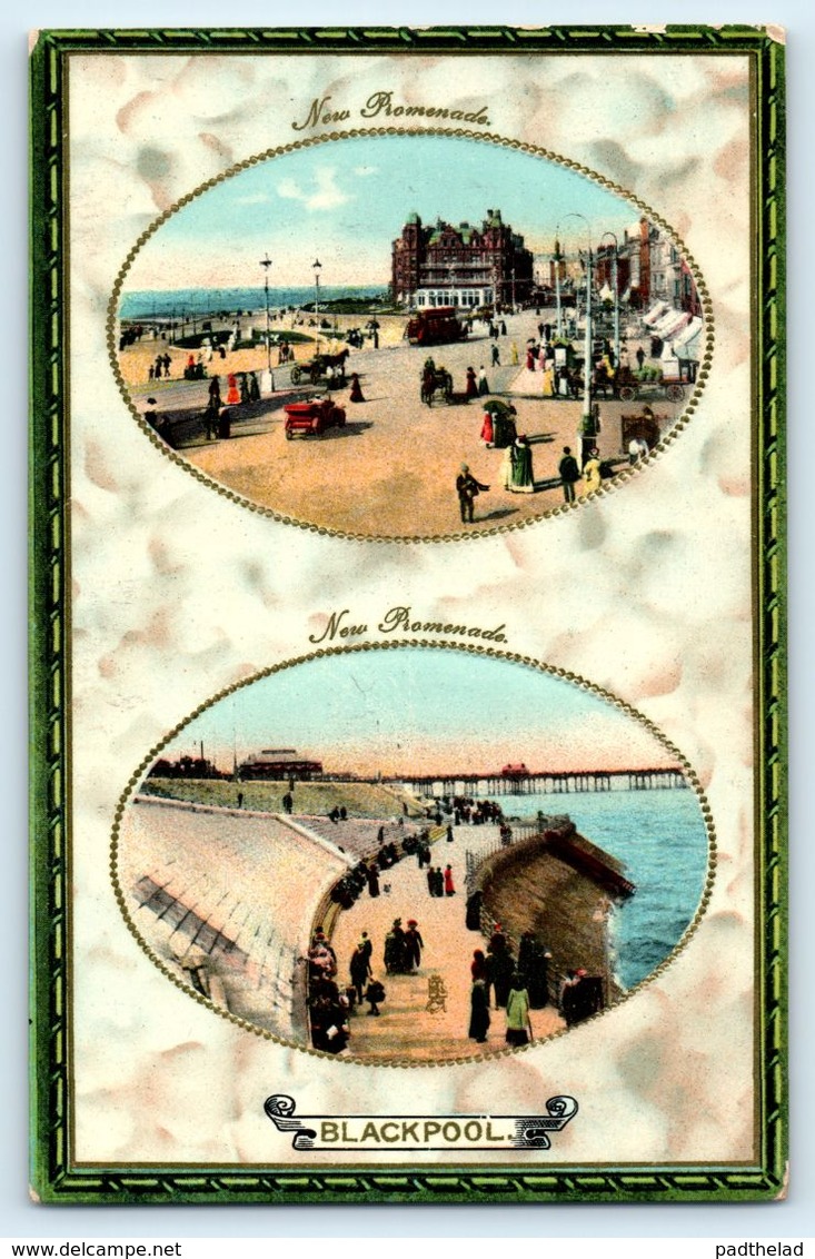 POSTCARD BLACKPOOL THE PROMENADE EMBOSSED 2 VIEWS TUCKS 1009 Double Oval Saxony Production - Blackpool